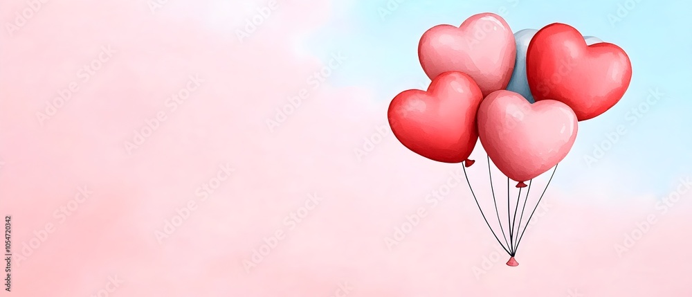 Aufkleber whimsical watercolor of intertwined heart shaped balloons floating in a soft pastel sky of pinks and