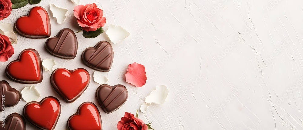 Aufkleber beautifully arranged assortment of red heart shaped chocolates with watercolor splashes of romantic 