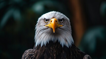 Fototapeta premium A majestic bald eagle stares intensely into the camera, its sharp eyes and powerful beak commanding attention.
