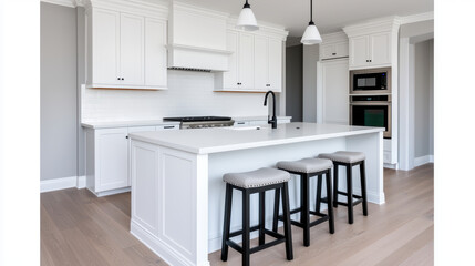 Modern kitchen with white cabinetry, large island, and black stools, featuring pendant lighting and stainless steel appliances. space is bright and inviting, with light wood flooring