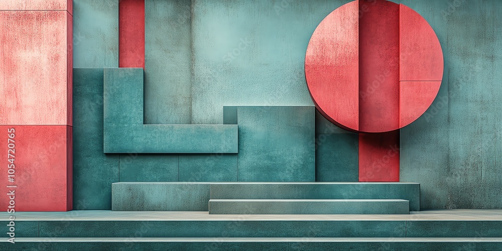 Poster abstract geometric shapes of red and blue on a textured concrete wall.