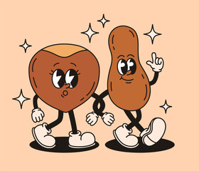 Set of groovy nuts characters. Peanuts and hazelnuts. Flat vector illustration.