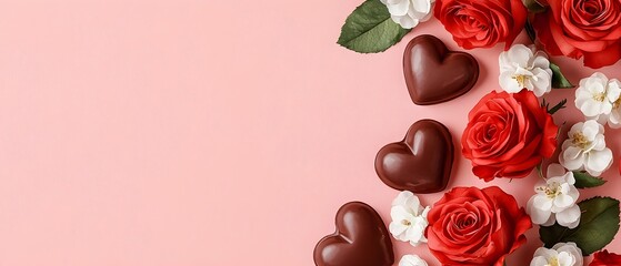 Beautifully arranged watercolor of chocolate hearts red roses and delicate white blossoms on a soft blush pink background for a romantic Valentine s Day theme