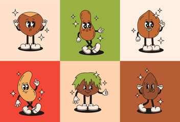 Set of groovy nuts characters. Peanuts, hazelnuts, cashews, almonds, walnuts. Flat vector illustration.