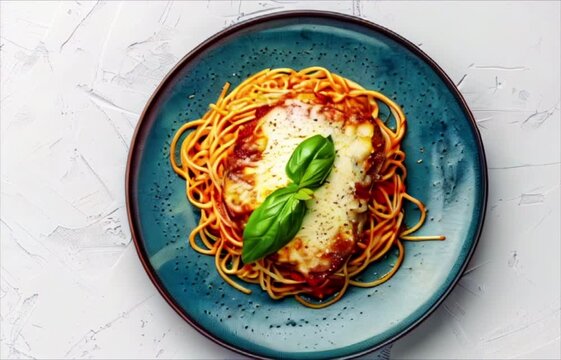 Veal parmigiana with cheese, basil and spaghetti on blue plate, top view on white background. Traditional Italian cuisine pasta dish