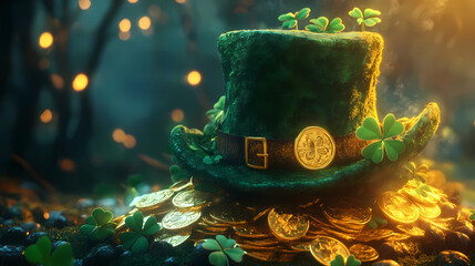 A leprechaun hat with gold coin and shamrock, an idea for a saint patrick's day celebration background wallpaper. Leprechaun Treasure. Illustration