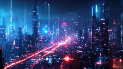 Fototapeta premium High-tech cityscape with neon lines and dots indicating AI-driven systems