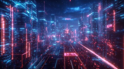 Obraz premium High-tech cityscape with neon lines and dots indicating AI-driven systems