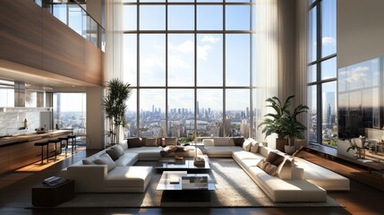 Luxurious living room with high ceilings, large windows offering a panoramic view of the city