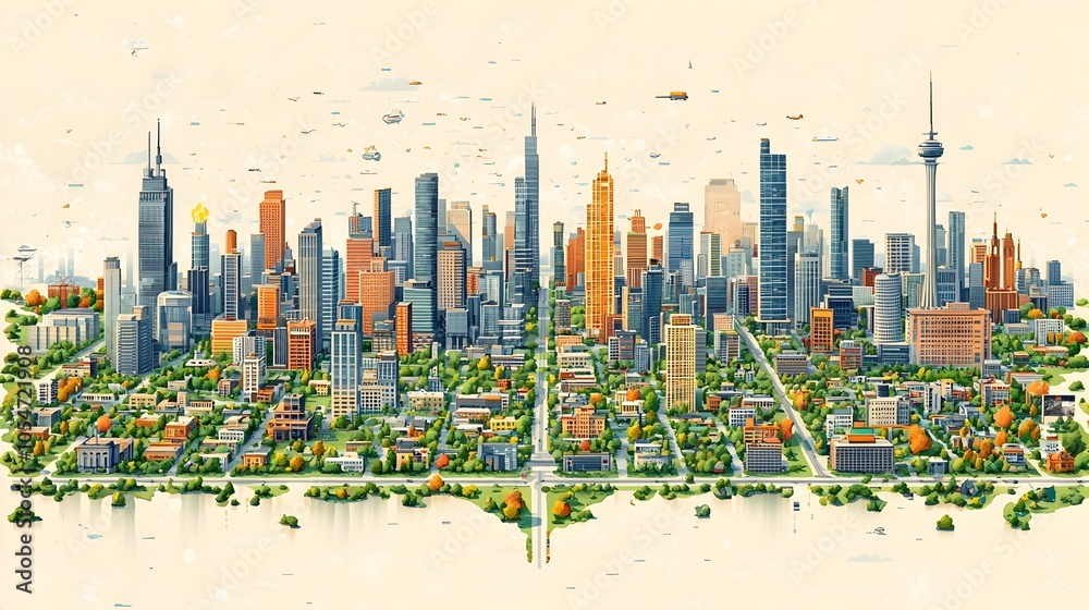 Aufkleber illustrative city map showcasing key urban planning elements like green spaces public transportation