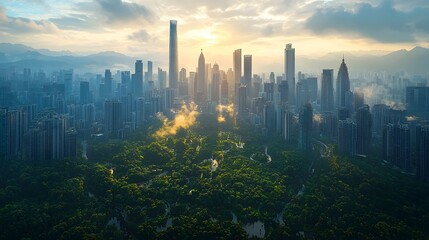 Naklejka premium Futuristic cityscape celebrating World Urbanism Day featuring sustainable urban planning and lush greenery for eco conscious growth and development of the modern metropolis