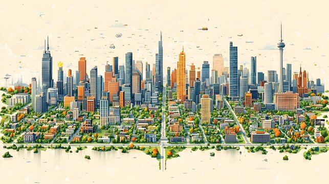 Illustrative city map showcasing key urban planning elements like green spaces public transportation and infrastructure for World Urbanism Day and awareness