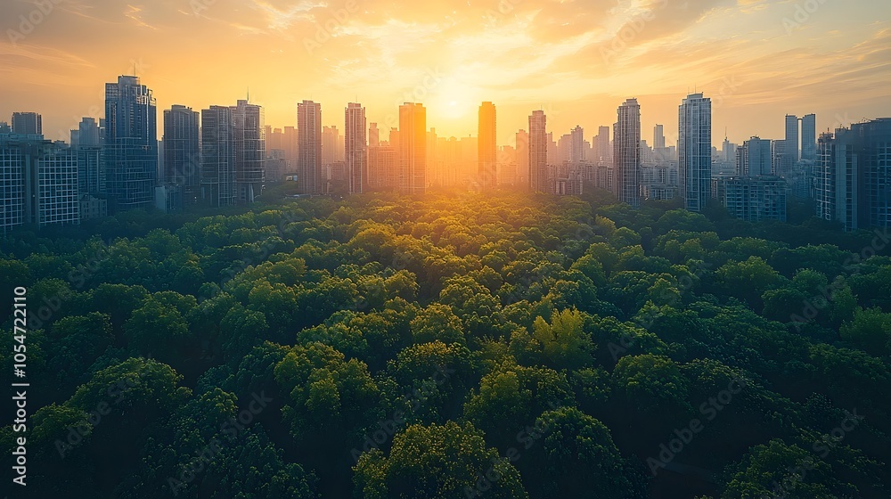 Poster conceptual of a modern sustainable city skyline with high rise buildings green spaces and renewable 