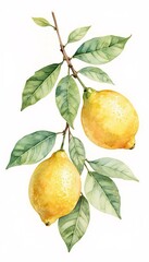 Fresh Watercolor Lemon Branch with Bright Yellow Fruits and Green Leaves