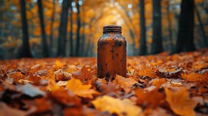 An orange jar surrounded by vibrant autumn leaves in a forest.
