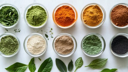 Macro image of Thai herbs and separate powders on a clear backdrop, illustrating natural