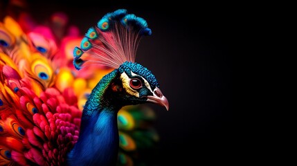 Obraz premium Close-up portrait of a peacock with vibrant blue and green feathers against a dark background.