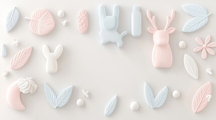 Pastel-colored 3D bunny and deer with floral and leaf accents arranged on a white background.