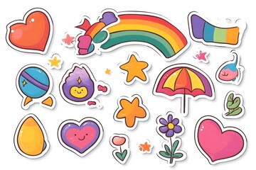Happy Pride LGBTQ element set. LGBTQ community symbols with star, speech bubbles, flower, heart. Elements illustrated for pride month, bisexual, transgender, gender equality, sticker, rights concept.