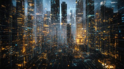 Modern metropolis with digital lines and dots, reflecting the integration