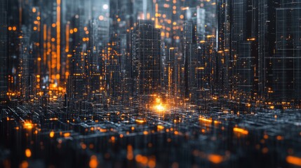 Modern metropolis with digital lines and dots, reflecting the integration