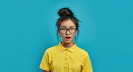 Fototapeta premium Funny geek asian teen girl with messy black hair in a bun. yellow polo shirt and blue background