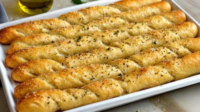 A close-up of freshly baked, golden brown breadsticks on a white rectangular tray
