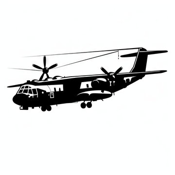 recommend clip art: Military helicopter silhouette with rotor blades, isolated on white background.