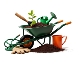 Vibrant Gardening Tools Collection: Wheelbarrow, Gloves, and Watering Can Captured in Sharp Focus for Enthusiastic Gardeners