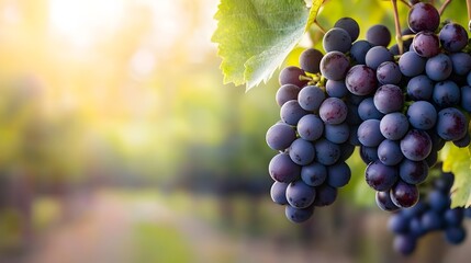 Close up of vibrant deep purple grapes showcasing the natural resveratrol essence on the surface set against a lush verdant vineyard landscape in the countryside