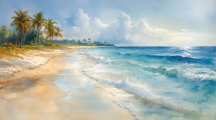 Watercolor painting of a serene tropical beach, with palm trees swaying in the breeze and soft pastel colors blending into the horizon.