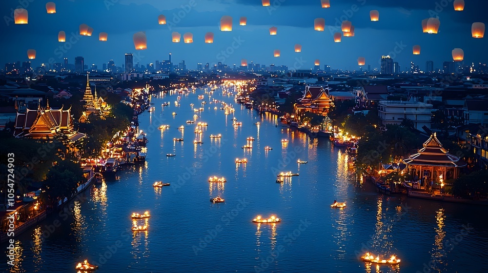Poster mesmerizing panoramic view of a cityscape with rivers and canals glowing with floating krathongs and