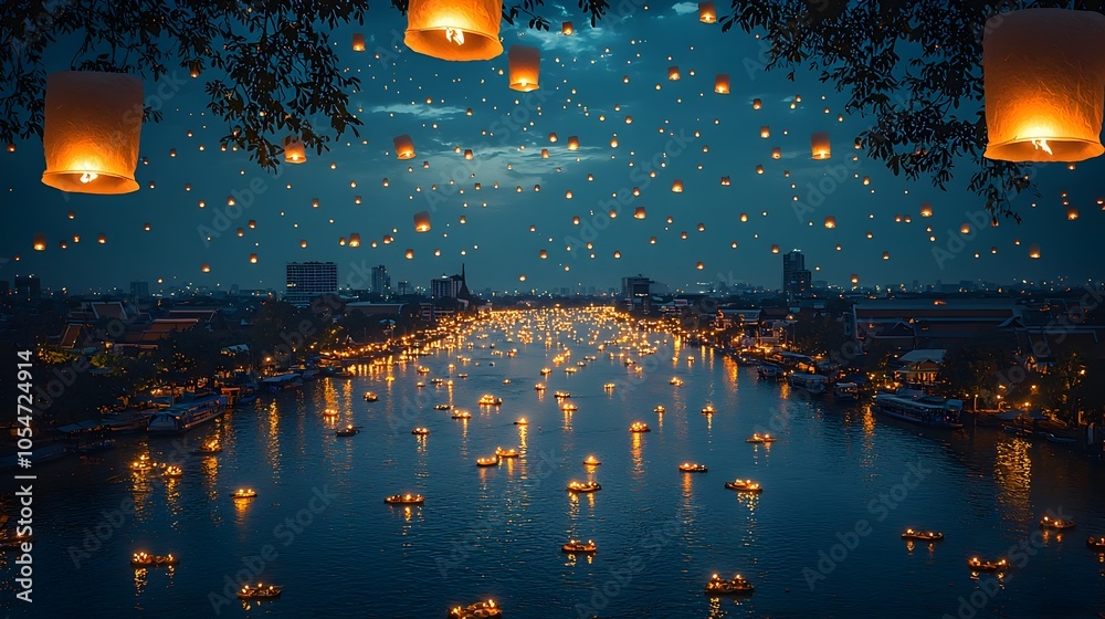 Poster a panoramic view of a glowing cityscape with rivers and canals illuminated by floating krathongs and