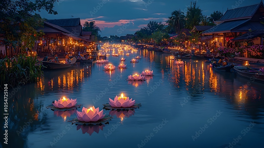 Aufkleber a peaceful scene of lotus shaped krathong floating on a serene river with the soft glow of candles r