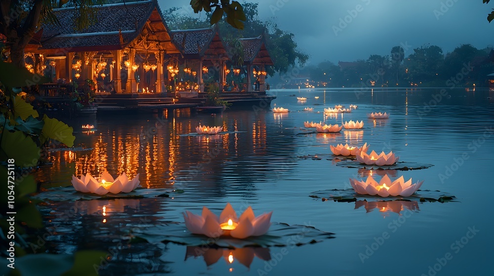 Poster a quiet and serene riverbank scene featuring floating lotus shaped krathongs with candles gently ill