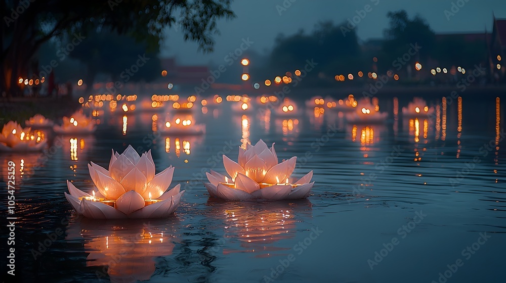 Poster Tranquil riverside setting featuring lotus shaped krathongs floating on the still water with the gentle reflections of candles creating a serene and meditative atmosphere for the Loy Krathong festival