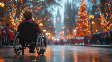 Obraz premium Wheelchair user enjoys festive holiday parade amidst lights and celebration in the city
