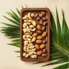 Mixed nuts in natural wooden plate background Fresh palm leaves on beige background 