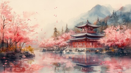 Obraz premium Watercolor painting of a traditional Japanese garden with cherry blossoms in full bloom, soft pinks and greens.