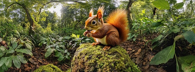 A red squirrel sits on a mossy rock in a lush forest, eating a nut.