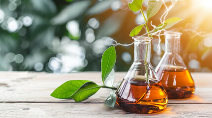 Two glass flasks filled with amber liquid on a wooden surface, decorated with green leaves, evoking associations with natural remedies and wellness.