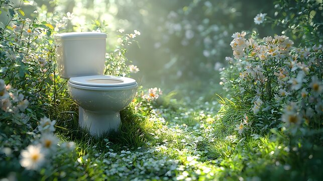 A white toilet bowl surrounded by lush green grass and dreamy soft bokeh lighting