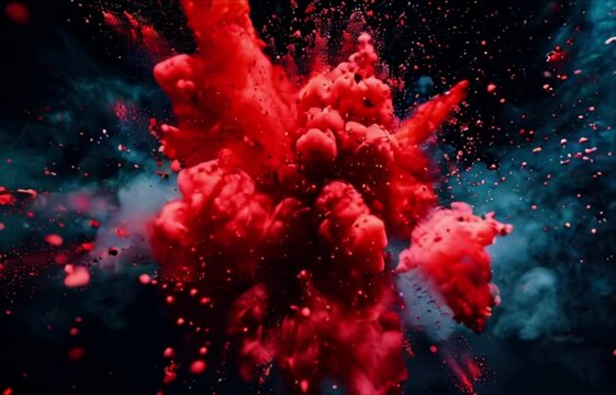Red paint explosion abstract background. Coloured cloud on black. Colorful splash dust explode