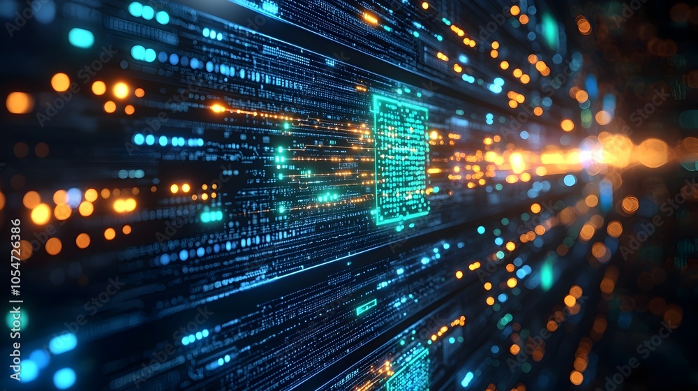 Fototapete Futuristic digital interface displaying holographic security codes glowing blue and green data streams and a complex protocol display  Representing advanced technology cybersecurity