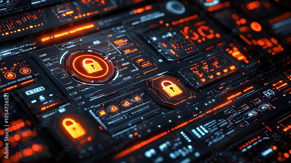 Poster Futuristic digital security dashboard featuring firewall locks 3D data visualizations and advanced cybersecurity monitoring tools to protect sensitive information and networks