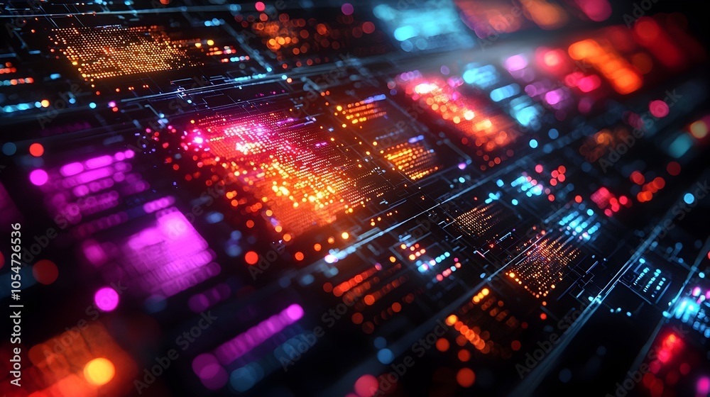 Leinwandbilder Intricate holographic data grid interface showcasing secure protocols and digital information with vibrant electric color palette against a sleek black backdrop