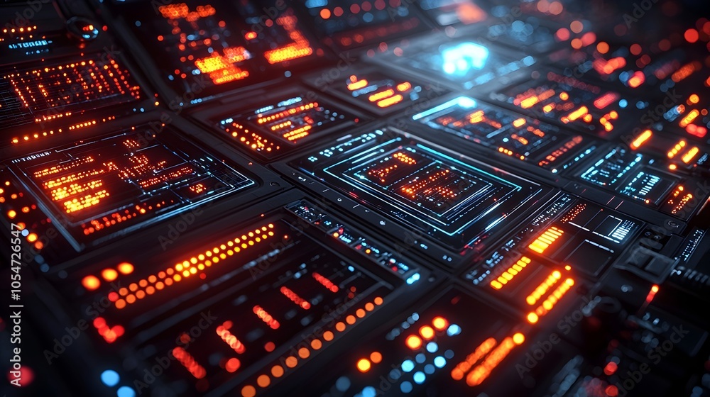 Aufkleber Futuristic data grid with vibrant holographic panels displaying secure protocols  Advanced digital interface with abstract geometric patterns and electric colors on a sleek black background