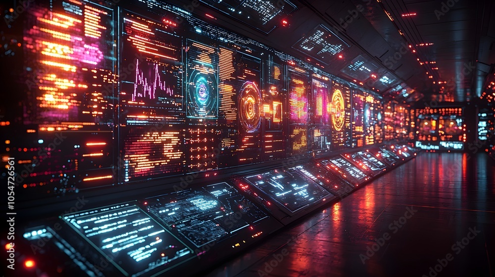 Poster Futuristic secure data grid with vibrant holographic panels displaying complex protocols and electric color accents on a dark background representing advanced technology cybersecurity