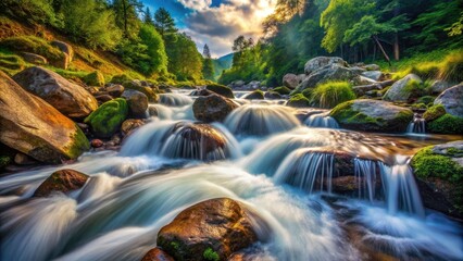 Obraz premium Cascading Water in Rocky Stream: A Stunning Landscape of Nature's Flowing Beauty