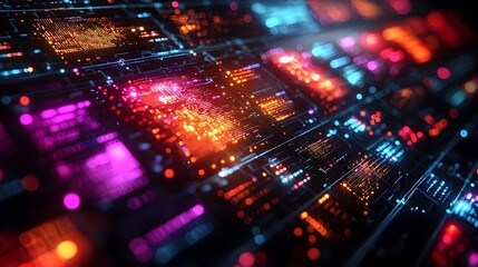 Intricate holographic data grid interface showcasing secure protocols and digital information with vibrant electric color palette against a sleek black backdrop